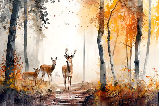 Fotomural o papel pintado dibujo paisaje otoñal ciervos